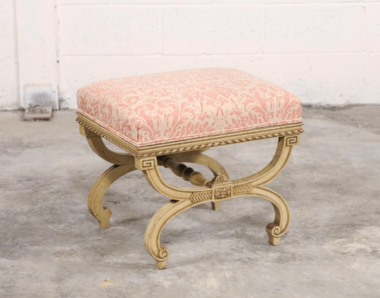 Vintage Italian Curule-style Stool Newly Reupholstered in Fortuny Fabric