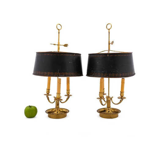 Pair of Brass Bouillotte Lamps with Tole Shades