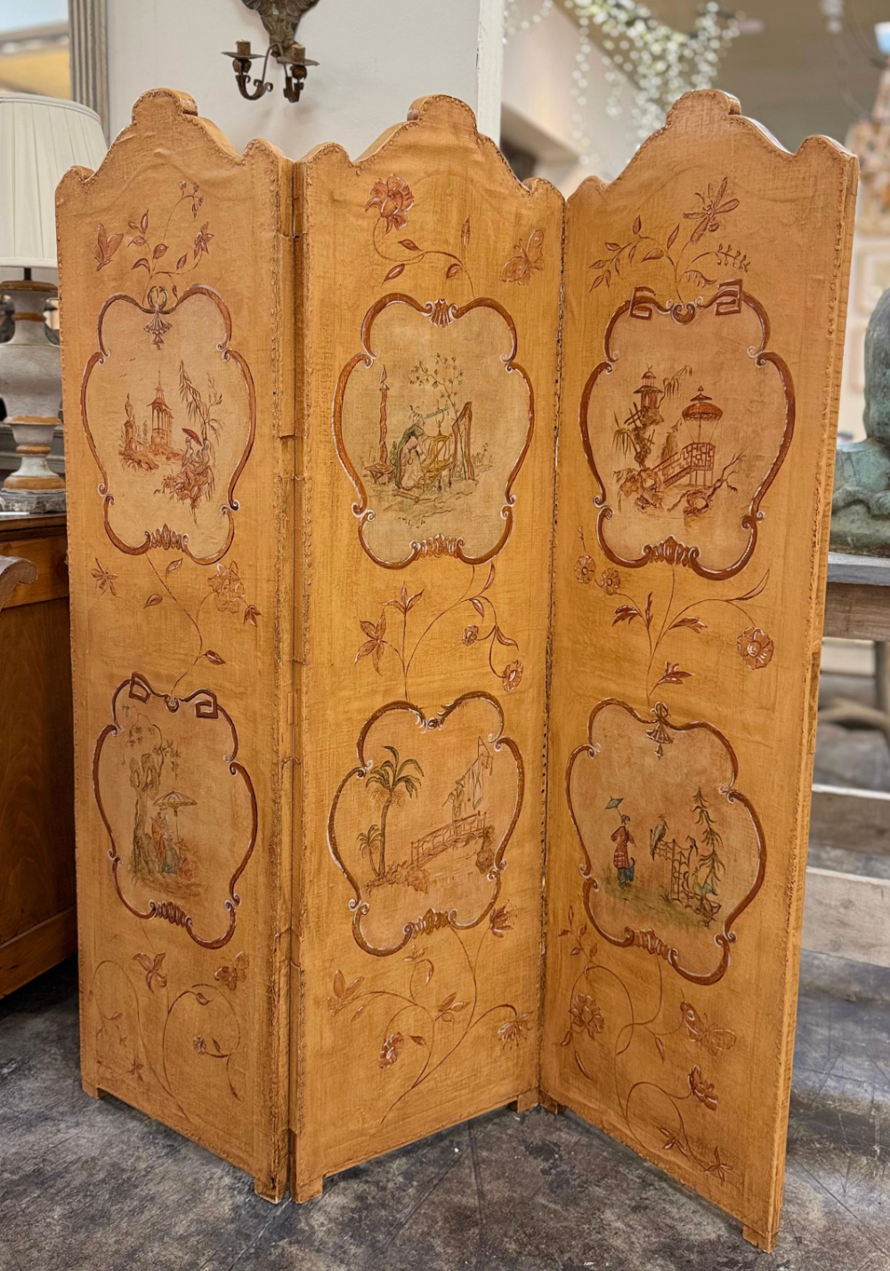Antique French Three Panel Screen, 18th C. with Vintage Paint