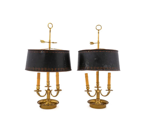Pair of Brass Bouillotte Lamps with Tole Shades