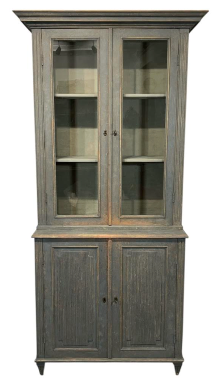 Tall Swedish Display Cabinet in Dark Grey with Beautiful Patina