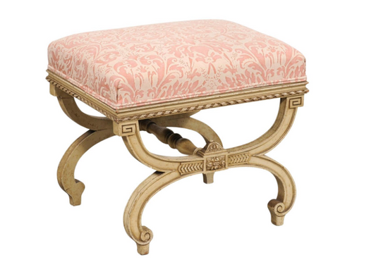 Vintage Italian Curule-style Stool Newly Reupholstered in Fortuny Fabric