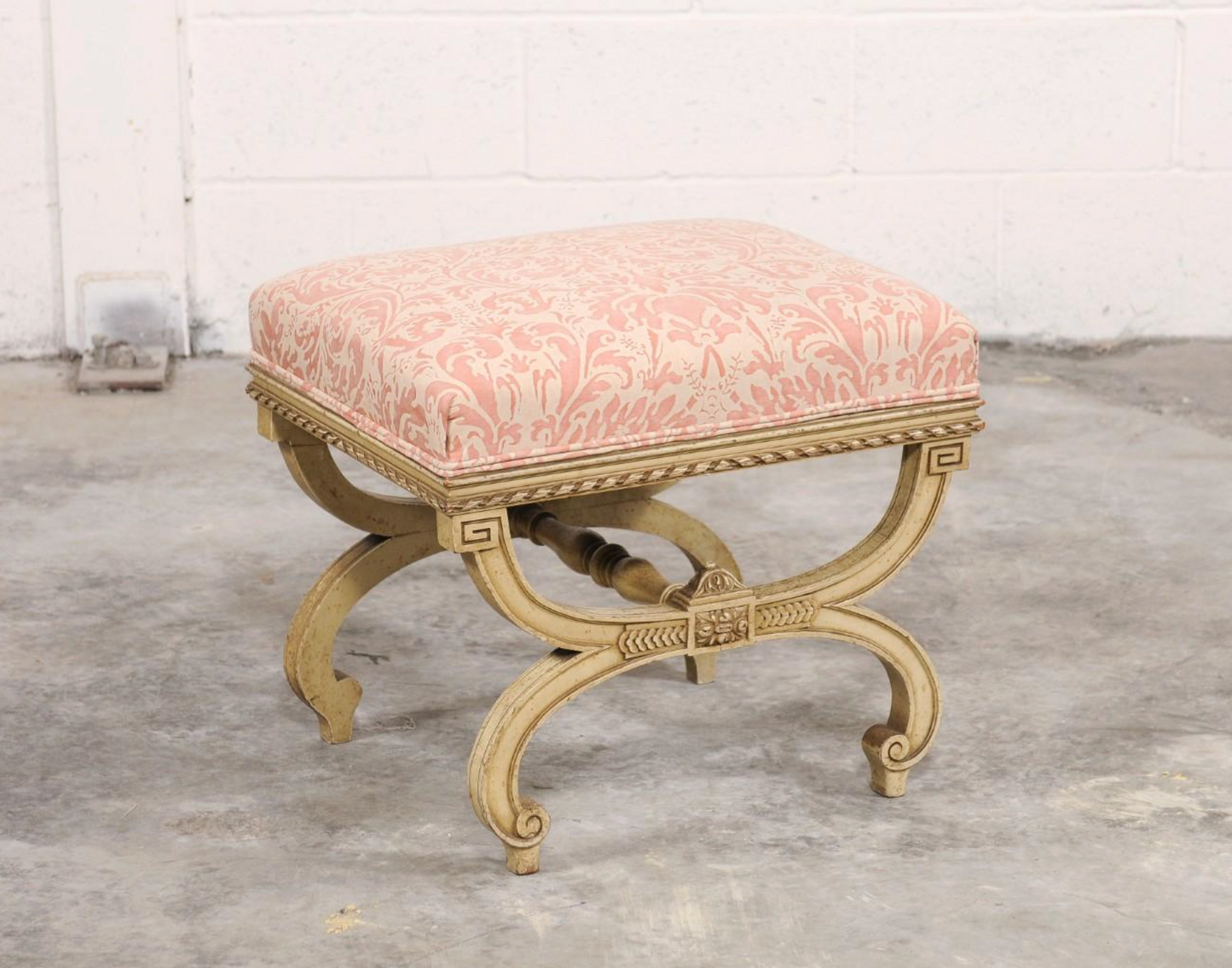 Vintage Italian Curule-style Stool Newly Reupholstered in Fortuny Fabric