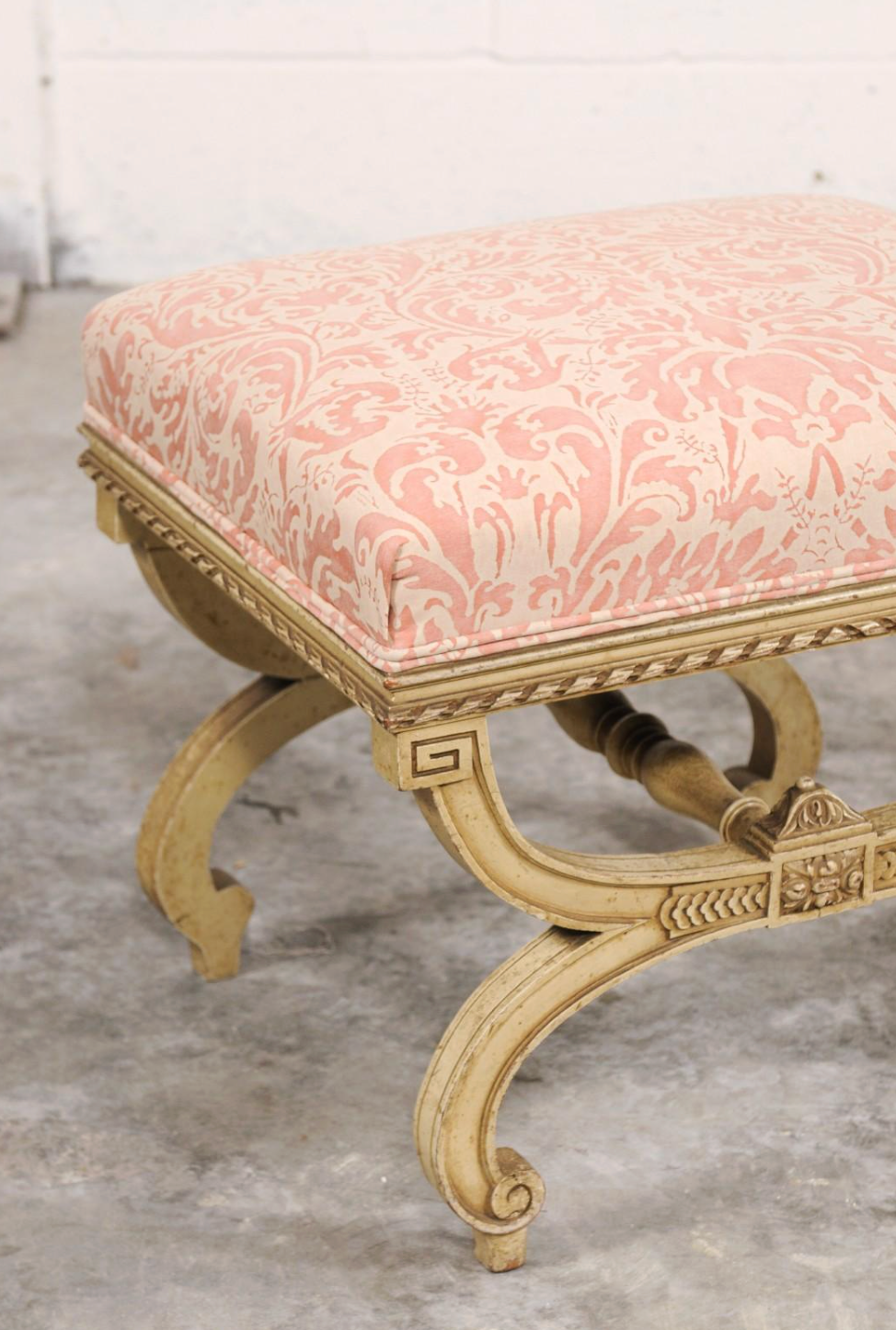 Vintage Italian Curule-style Stool Newly Reupholstered in Fortuny Fabric