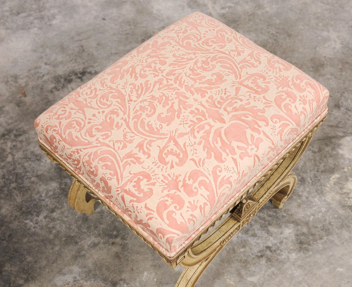 Vintage Italian Curule-style Stool Newly Reupholstered in Fortuny Fabric
