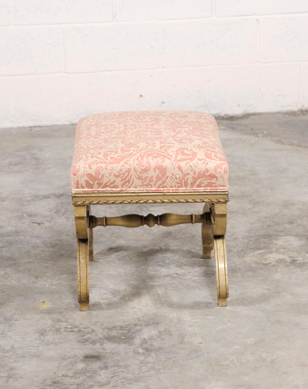 Vintage Italian Curule-style Stool Newly Reupholstered in Fortuny Fabric