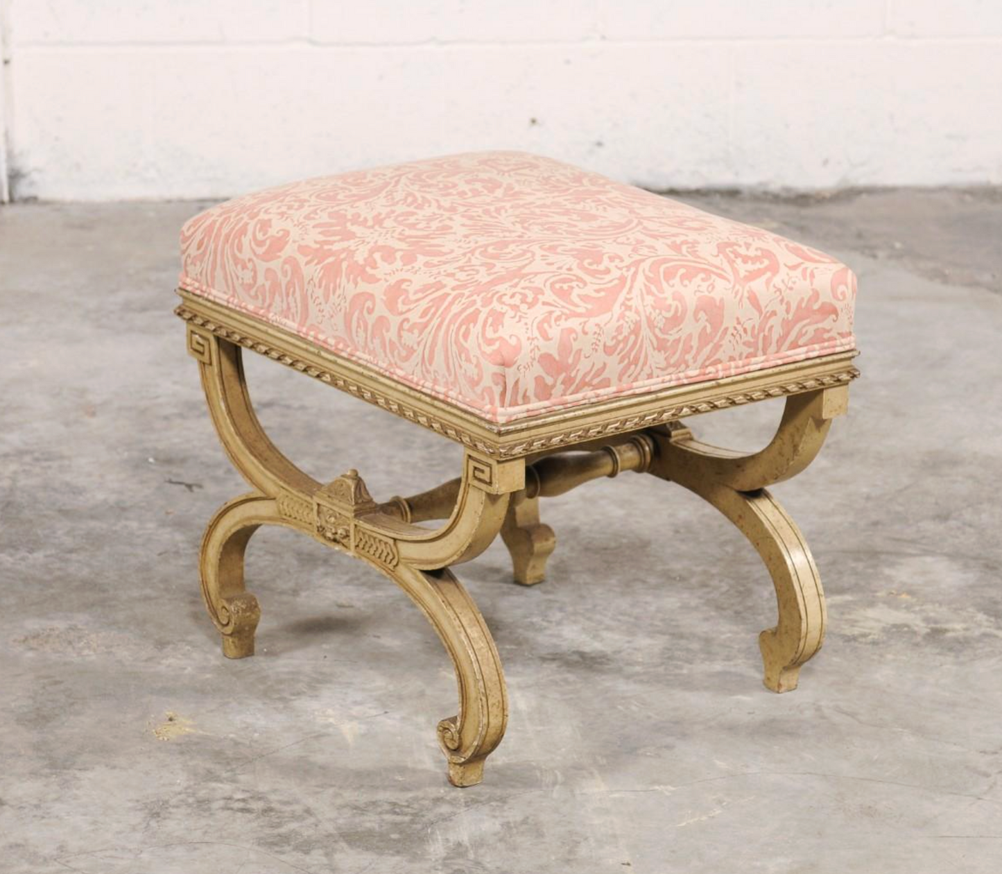 Vintage Italian Curule-style Stool Newly Reupholstered in Fortuny Fabric