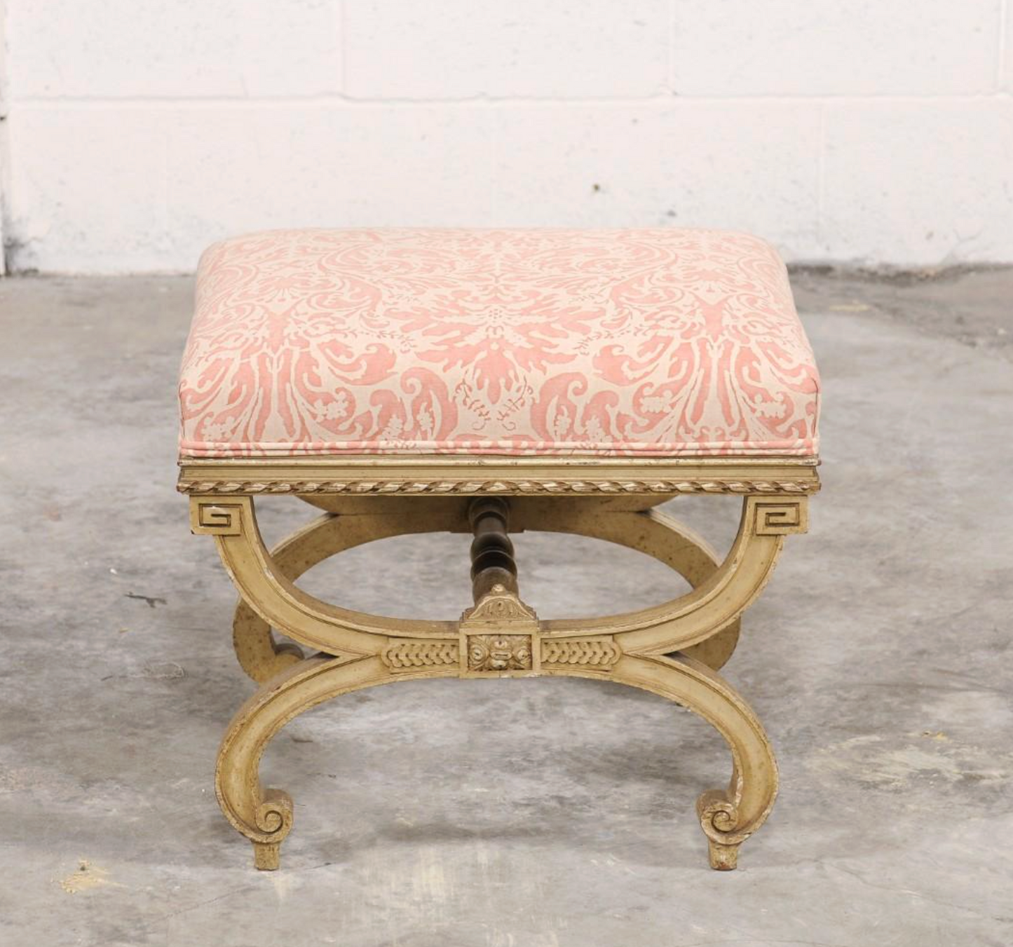 Vintage Italian Curule-style Stool Newly Reupholstered in Fortuny Fabric