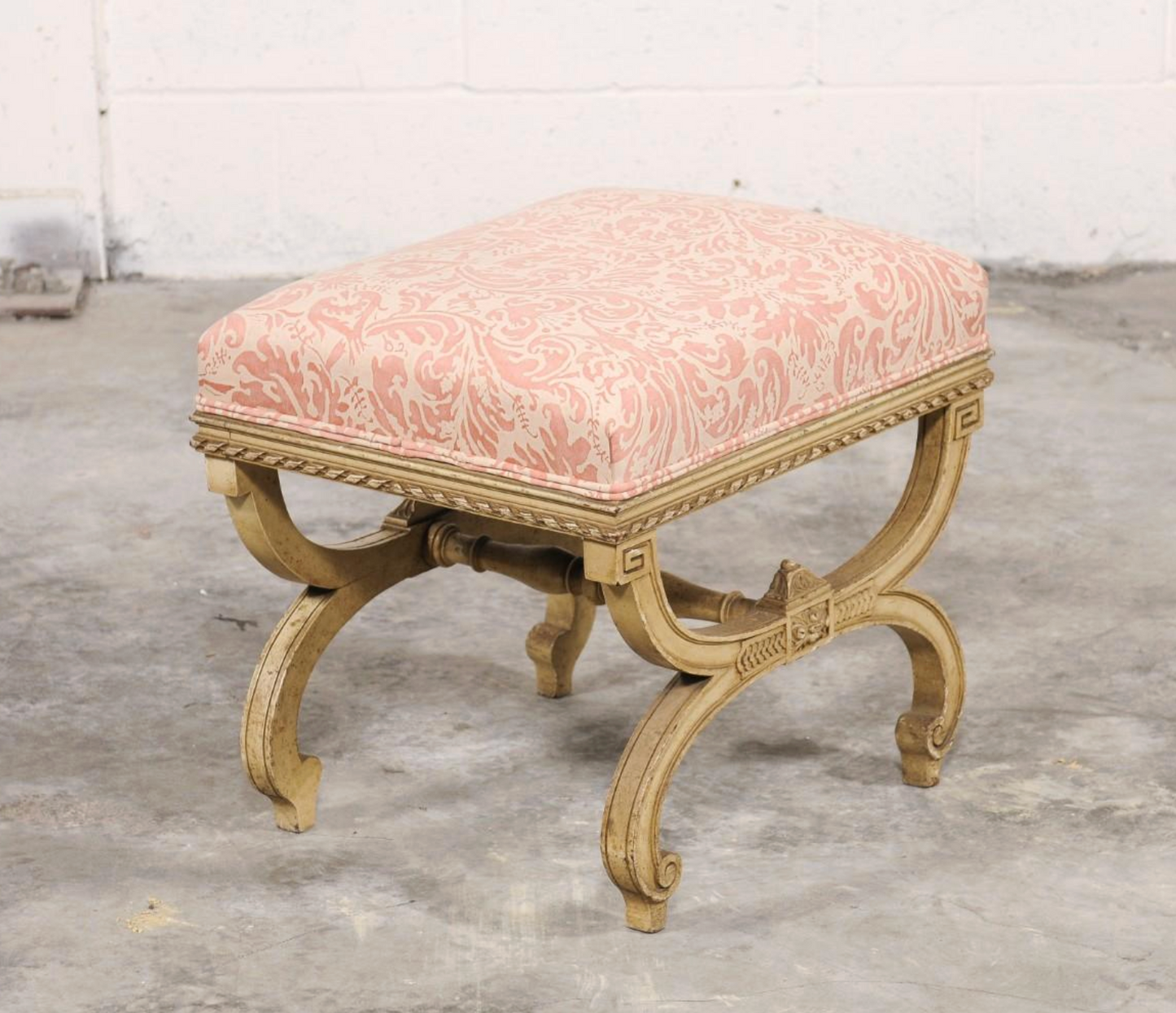 Vintage Italian Curule-style Stool Newly Reupholstered in Fortuny Fabric