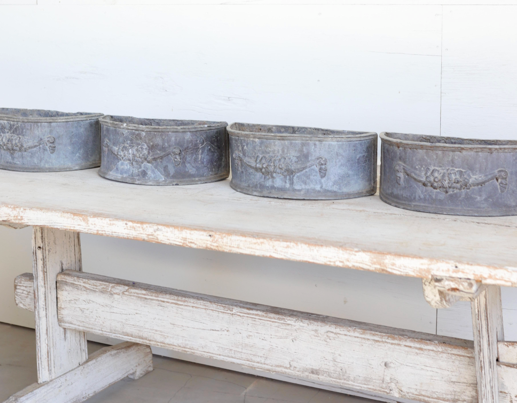 Set of 4 Antique Lead Demilune Planters with Swag Decoration