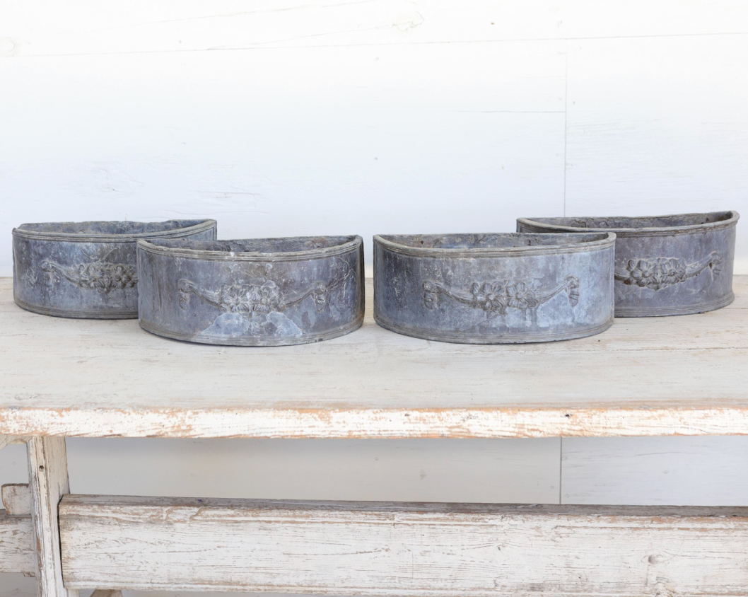 Set of 4 Antique Lead Demilune Planters with Swag Decoration