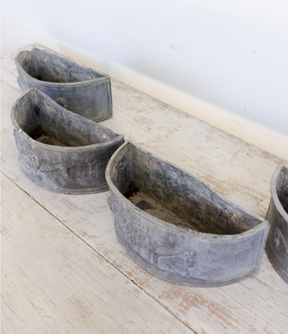 Set of 4 Antique Lead Demilune Planters with Swag Decoration