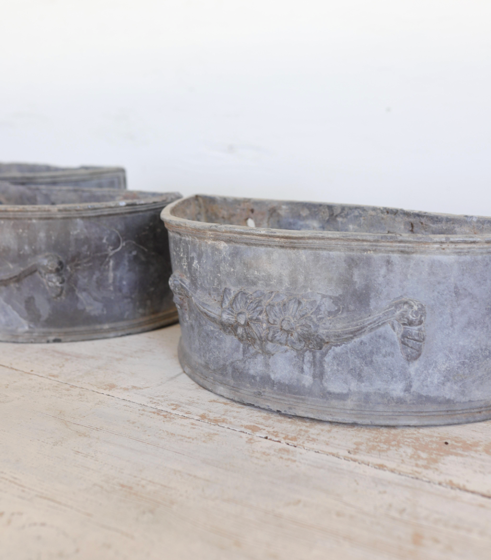 Set of 4 Antique Lead Demilune Planters with Swag Decoration