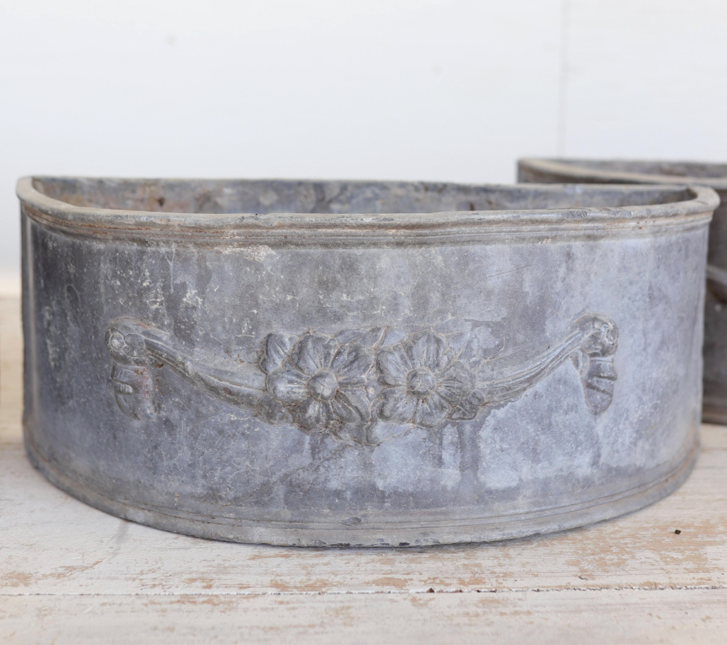 Set of 4 Antique Lead Demilune Planters with Swag Decoration
