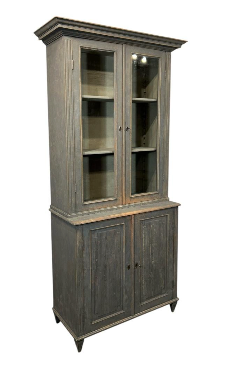 Tall Swedish Display Cabinet in Dark Grey with Beautiful Patina
