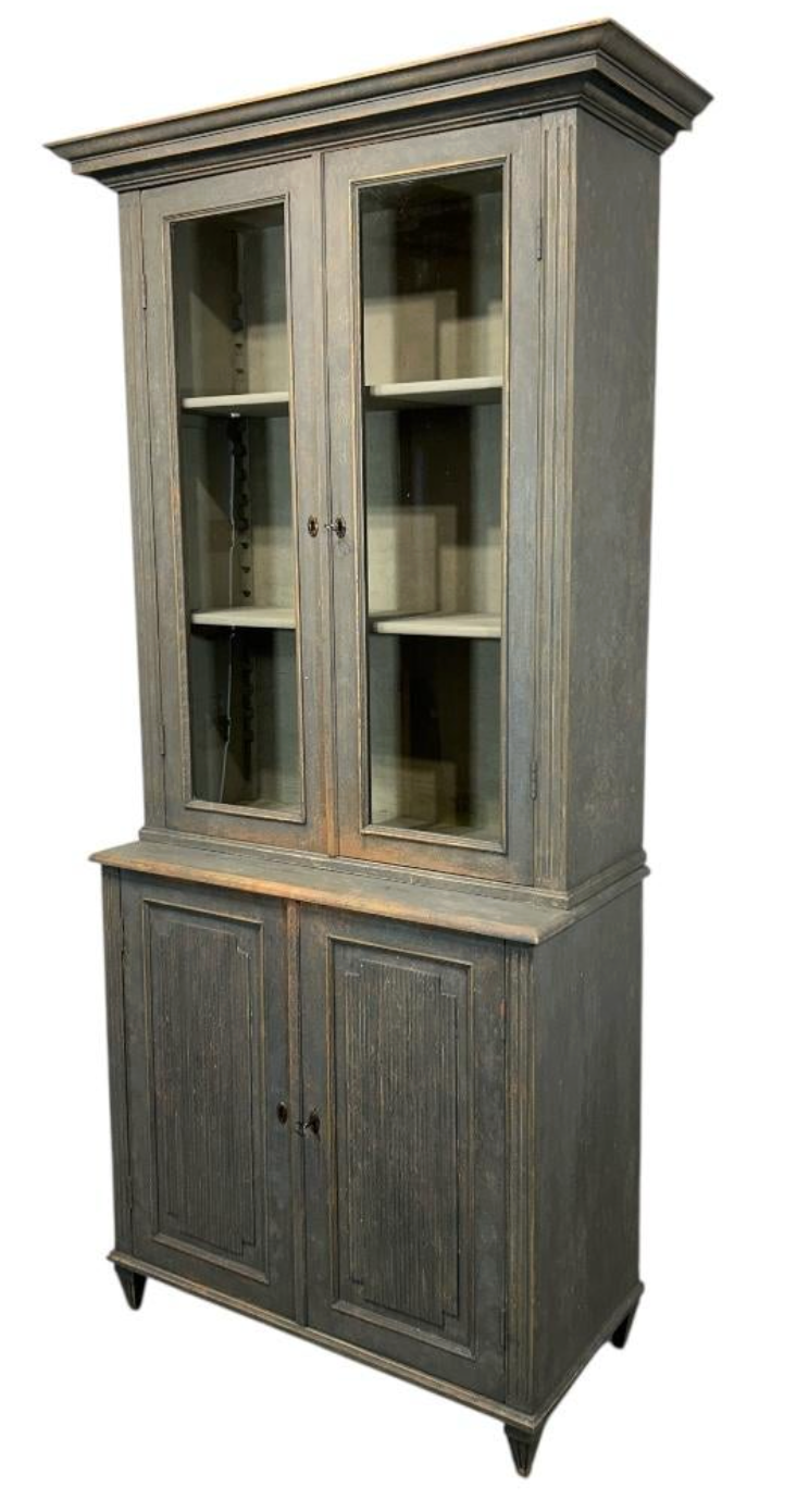 Tall Swedish Display Cabinet in Dark Grey with Beautiful Patina