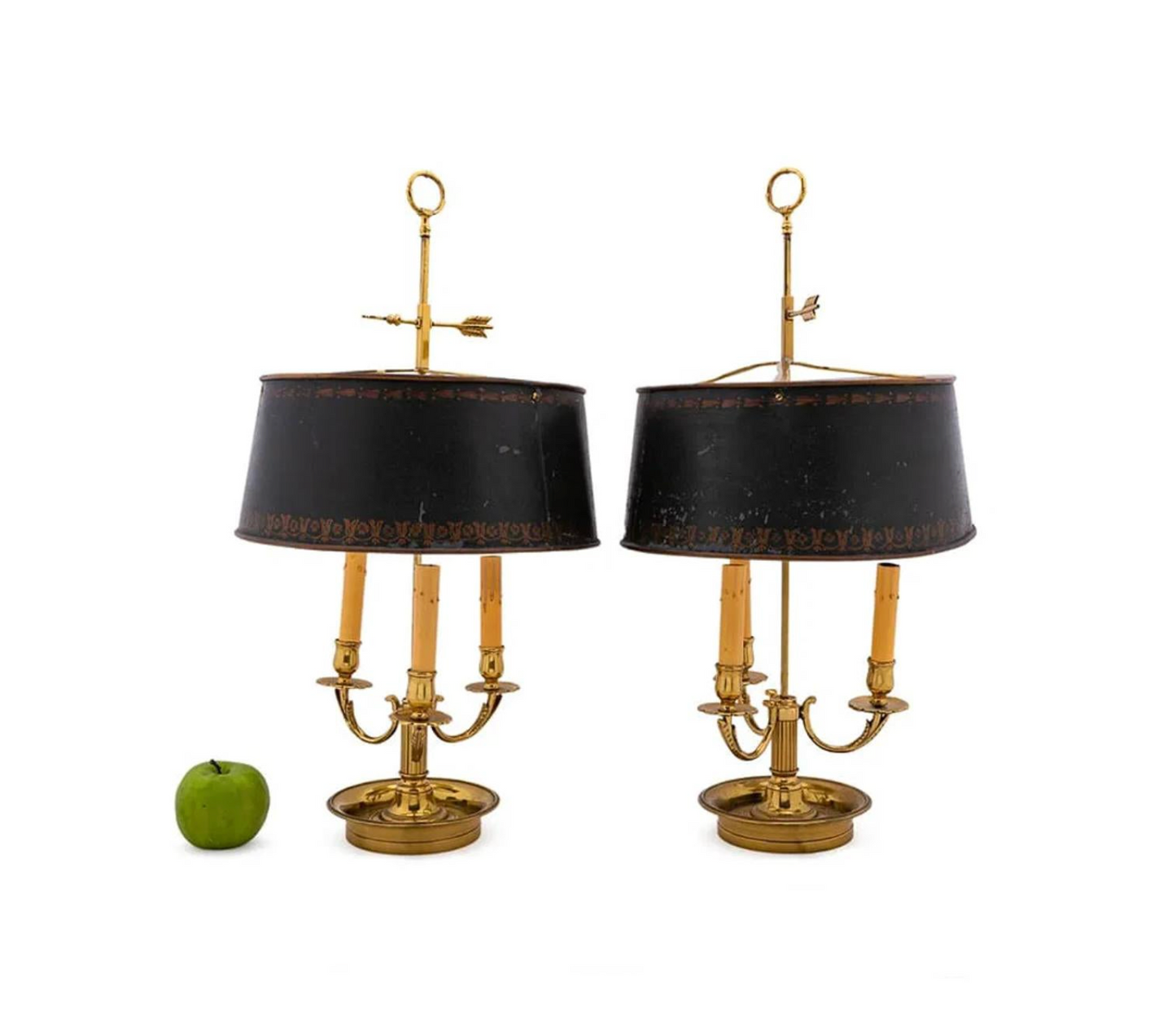 Pair of Brass Bouillotte Lamps with Tole Shades