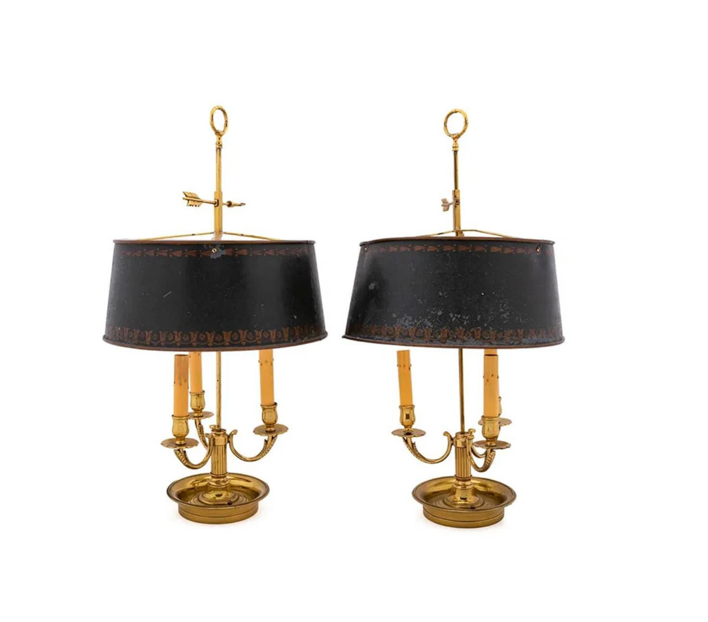 Pair of Brass Bouillotte Lamps with Tole Shades