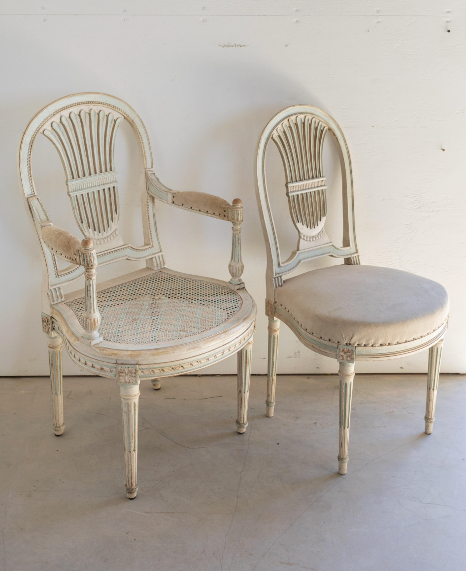 Set of 6 Louis XVI Dining Chairs, Including 2 Arm Chairs