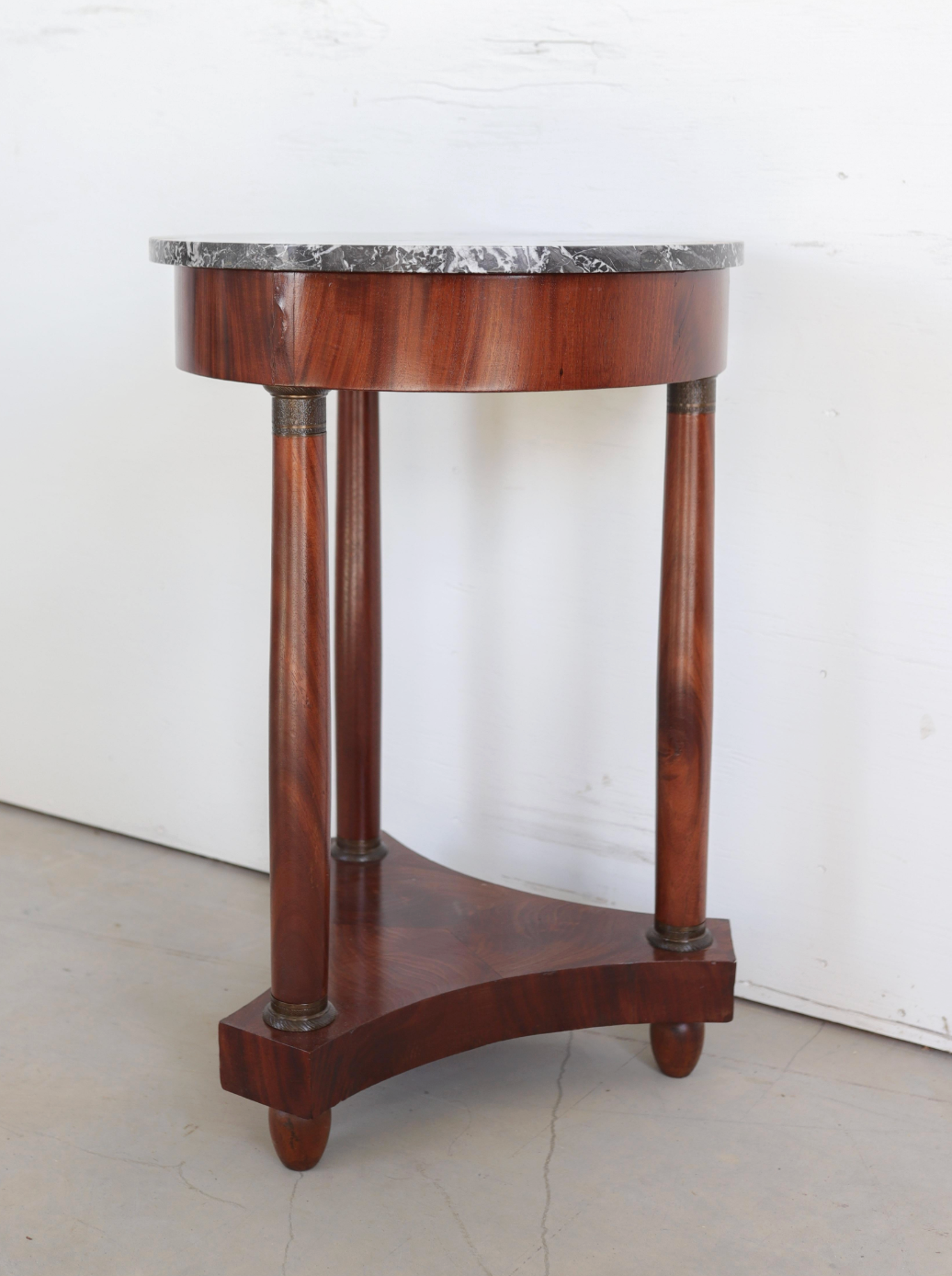 Empire-Style Pedestal Table in Walnut Veneer with Gray Marble Top
