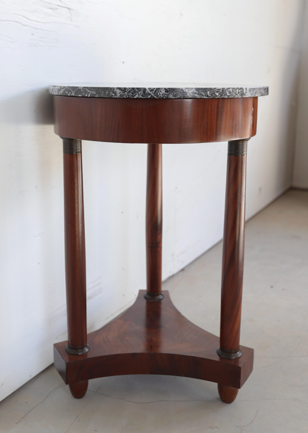 Empire-Style Pedestal Table in Walnut Veneer with Gray Marble Top