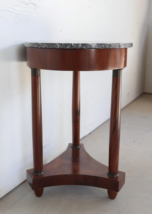 Empire-Style Pedestal Table in Walnut Veneer with Gray Marble Top