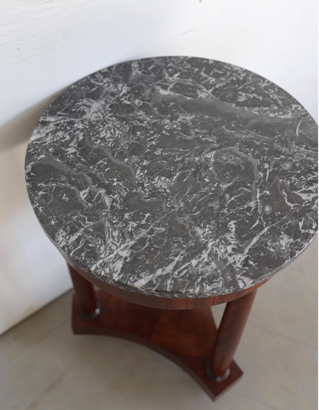 Empire-Style Pedestal Table in Walnut Veneer with Gray Marble Top