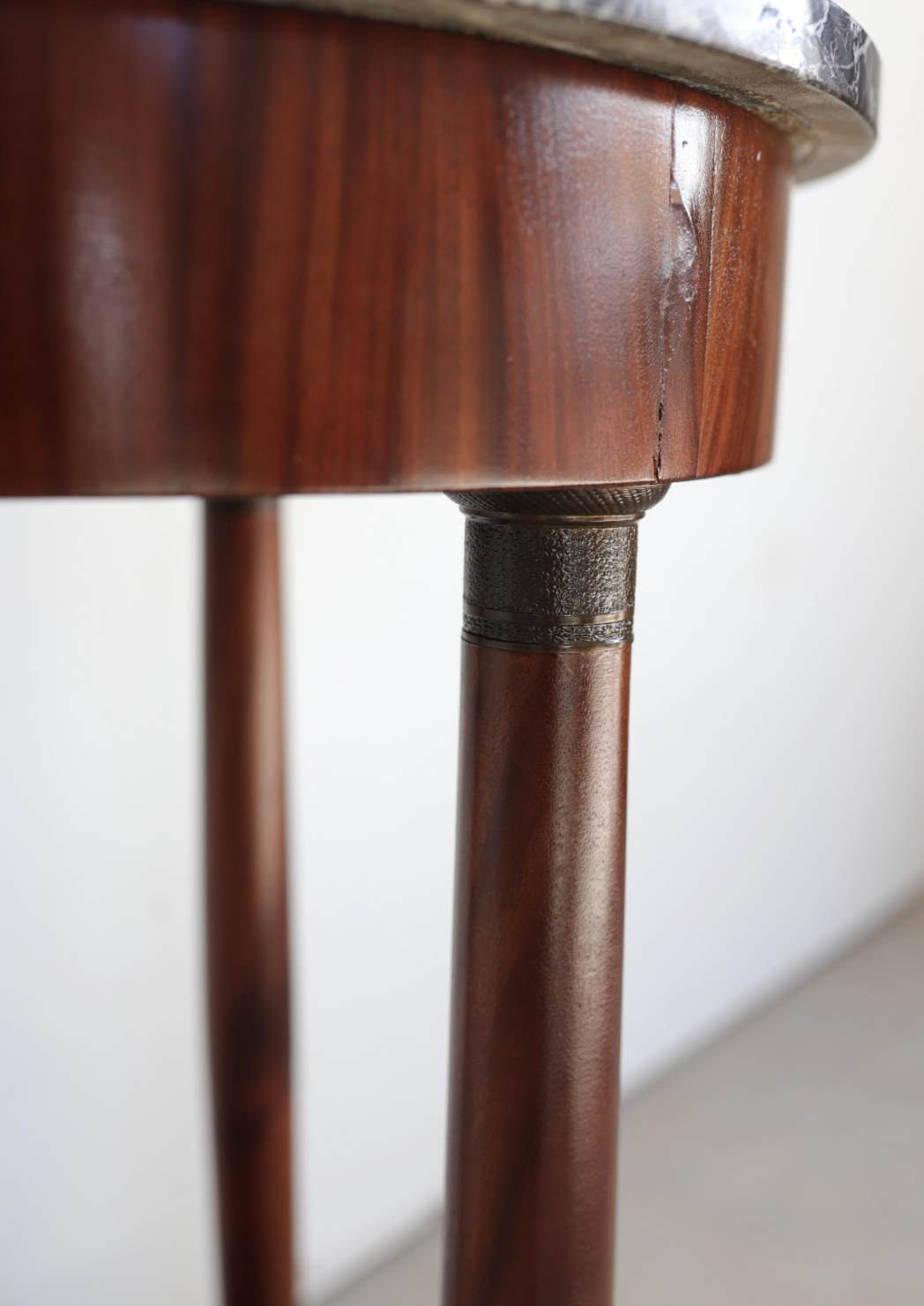 Empire-Style Pedestal Table in Walnut Veneer with Gray Marble Top