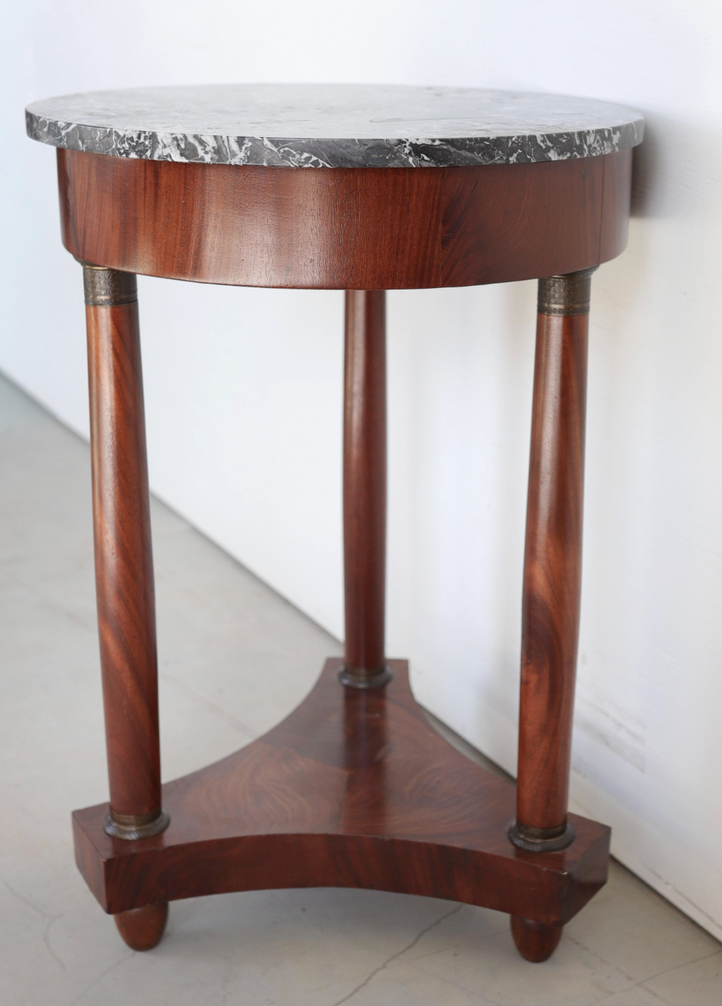 Empire-Style Pedestal Table in Walnut Veneer with Gray Marble Top
