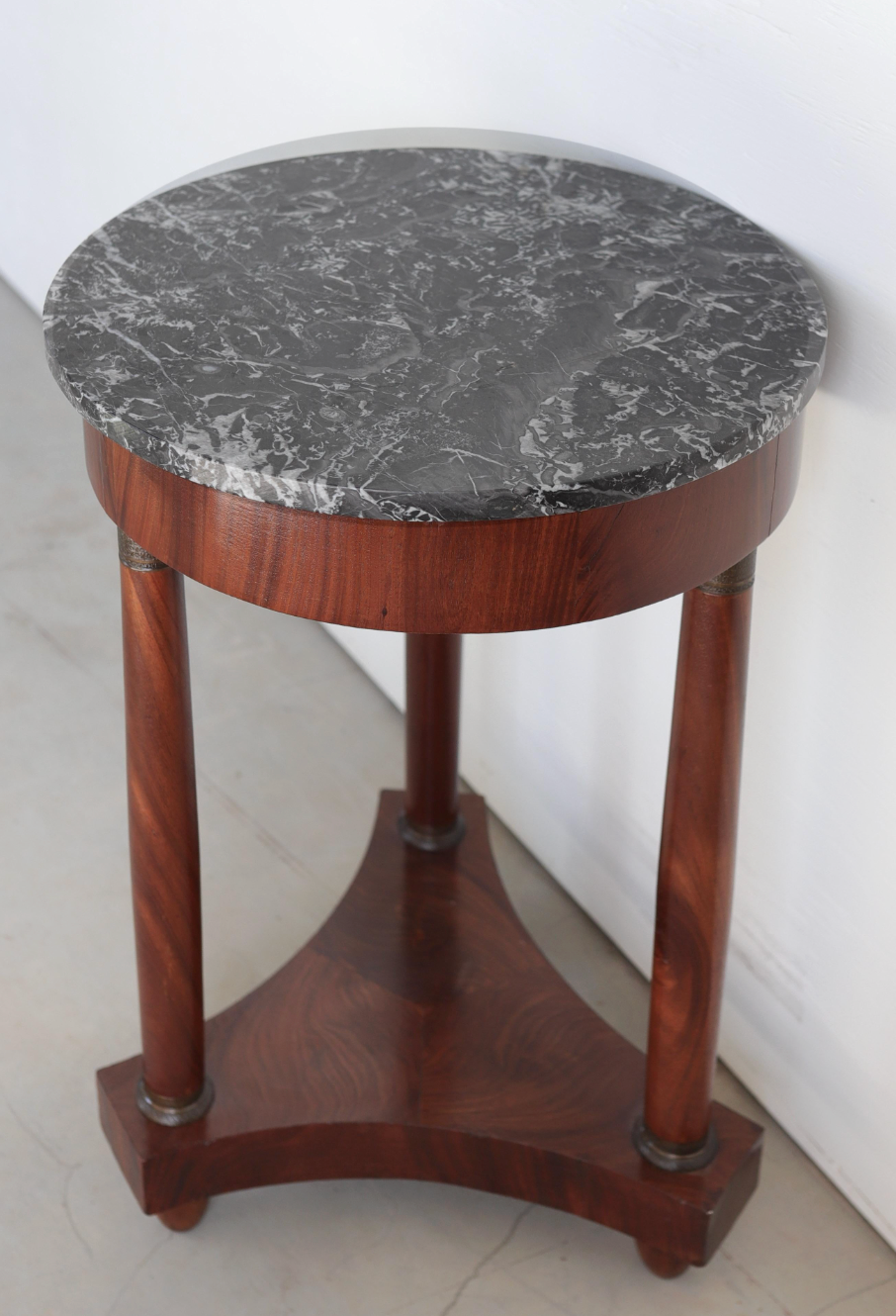 Empire-Style Pedestal Table in Walnut Veneer with Gray Marble Top