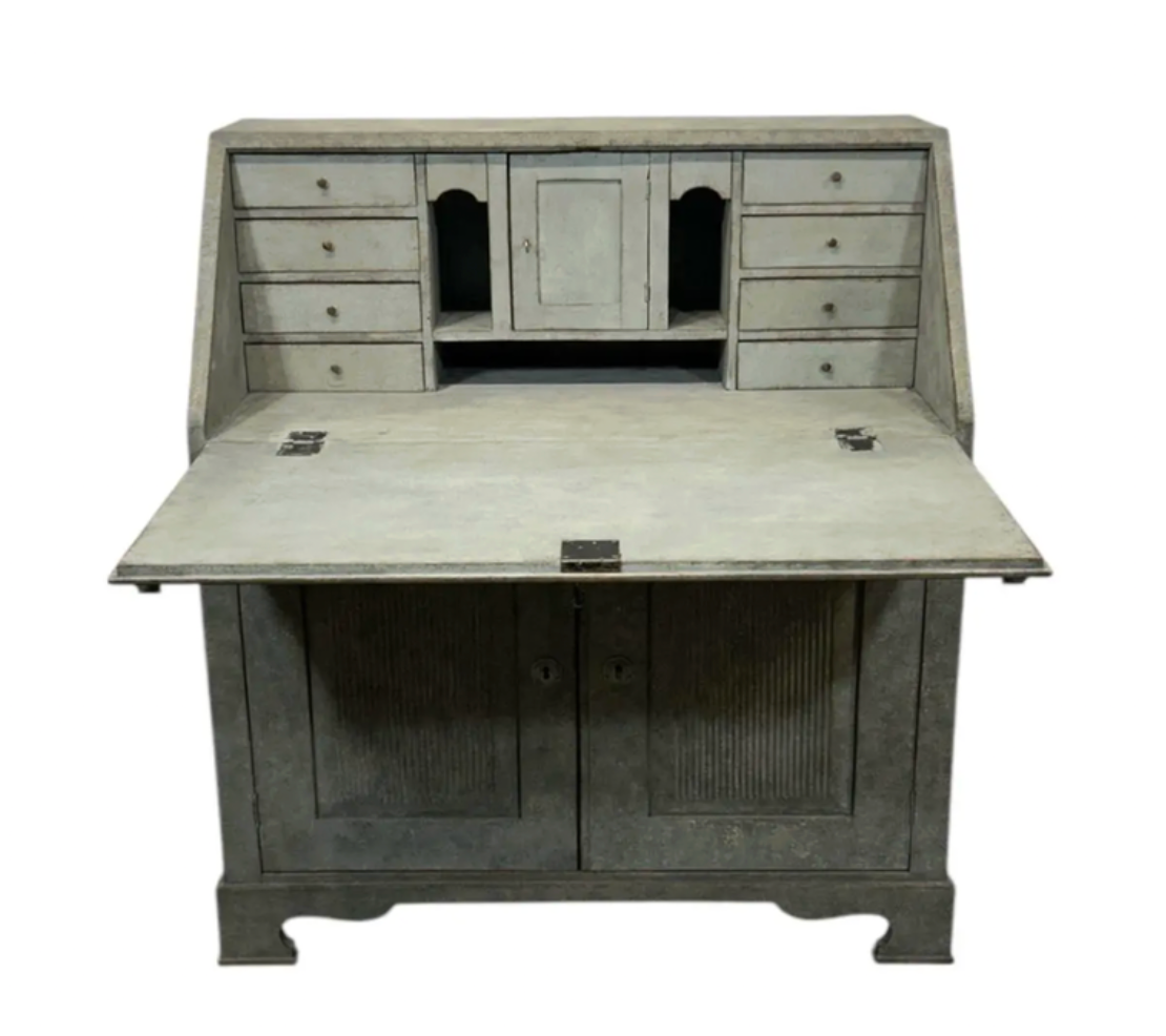 Antique Swedish Secretary in Gray with White Highlights