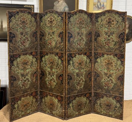 Antique Embossed Leather Screen from Spain